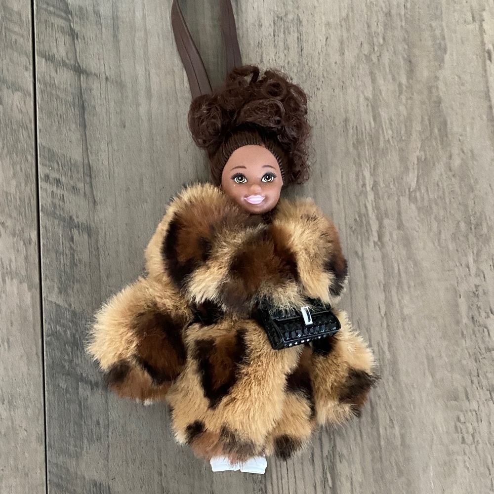Barbie bag charm , key chain  with  soft faux fur coat , purse